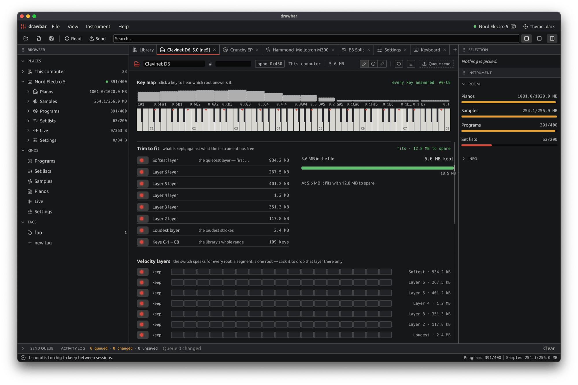 drawbar with an instrument attached and a piano library open in its editor